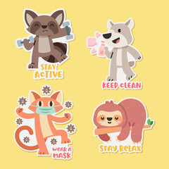 Coronavirus stickers with cute animals illustration