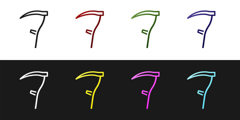 Set Scythe icon isolated on black and white background. Happy Halloween party. Vector.