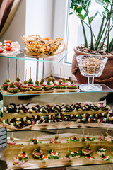 Light snacks in a plate on a buffet table. Assorted mini canapes, delicacies and snacks, restaurant food at event. Seafood. A gala reception. Decorated delicious table for a party goodies.