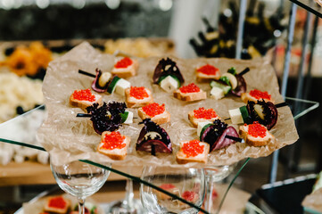 Light snacks in a plate on a buffet table. Assorted mini canapes, delicacies and snacks, restaurant food at event. Seafood. A gala reception. Decorated delicious table for a party goodies.