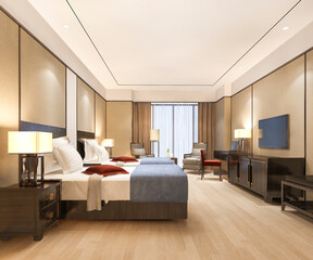 Fototapeta na wymiar 3d rendering luxury bedroom suite in resort high rise hotel with twin bed