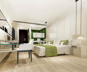 3d rendering green modern luxury bedroom suite and bathroom and working table