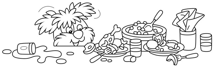 Merry and naughty shaggy dog in good mood going to dine and looking out from under a kitchen table with plates, black and white outline vector cartoon illustration