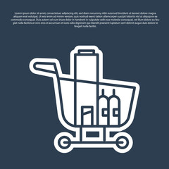 Blue line Shopping cart and food icon isolated on blue background. Food store, supermarket. Vector Illustration.