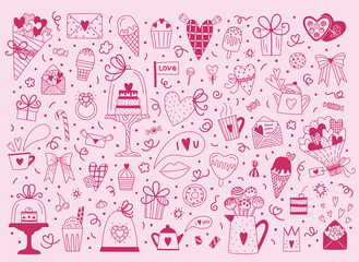 Big set of romantic elements for Valentine's day in pink colors. Hearts, sweets, flowers, cupcakes, gifts, ice cream and other cute items. Vector doodle illustrations for valentines day, stickers, etc