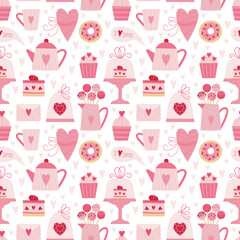 Valentine's Day seamless pattern with hearts, tea pot, bow, cake pops, cake, cupcake, letter envelope, heart shaped diamond, talk cloud, confetti. Hot pink and pastel pink colors. Vector background.