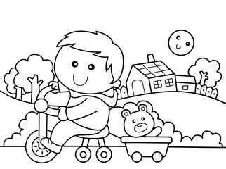 Little boy go around the town with his teddy bear without color
