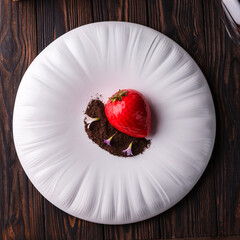 Red strawberry dessert cake with chocolate chips and violets on a large white plate.
