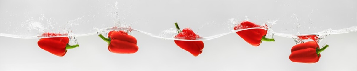 Beautiful red sweet peppers fall into water with splashes on white background, kitchen decoration ideas