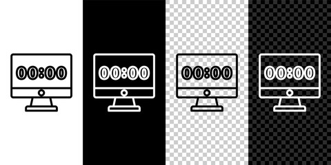 Set line Clock on computer monitor screen icon isolated on black and white background. Schedule concepts. Vector.