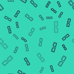 Black line 3D cinema glasses icon isolated seamless pattern on green background. Vector.