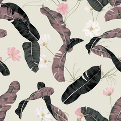 Schilderijen op glas Floral seamless pattern, cosmos flowers and banana leaves on bright brown © momosama