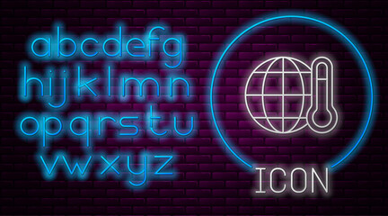 Glowing neon line Planet earth melting to global warming icon isolated on brick wall background. Ecological problems and solutions - thermometer. Neon light alphabet. Vector.