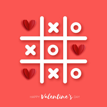 Tic Tac Toe game with Red hearts. Love Romantic holiday. Space for text. February 14.