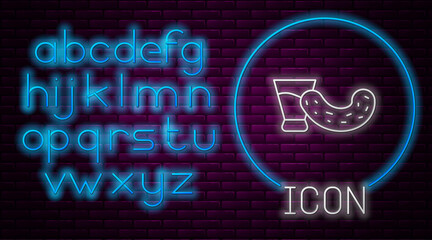 Glowing neon line Glass with vodka and cucumber icon isolated on brick wall background. Neon light alphabet. Vector.