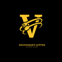 Initial letter V with spoon and fork for restaurant concept. letter V logo, fit for company and culinary business.