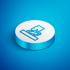 Isometric line Burning car icon isolated on blue background. Car on fire. Broken auto covered with fire and smoke. White circle button. Vector.