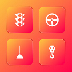 Set Traffic light, Steering wheel, Rubber plunger and Industrial hook icon. Vector.