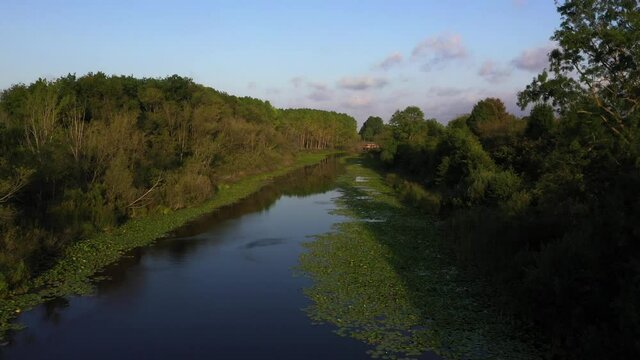 A video shot at sunset between the long trees with a drone in Sakarya Karasu Lake which is in Turkey. It is a real natural beauty.