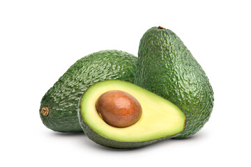 Avocado with cut in half isolated on white background. Clipping path.