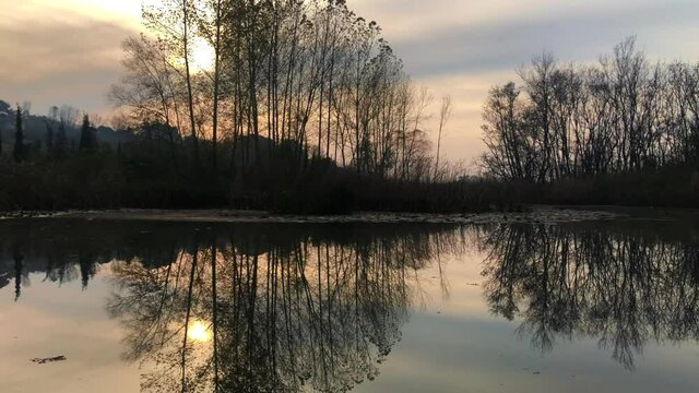 A video shot at sunset between the long trees with a drone in Sakarya Karasu Lake which is in Turkey. It is a real natural beauty.