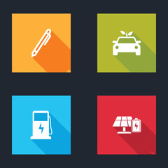 Set Pen, Eco car concept drive, Electric charging station and Solar energy panel and battery icon. Vector.