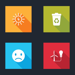 Set Solar energy panel, Recycle bin with recycle, Sad smile and Light bulb wind turbine icon. Vector.