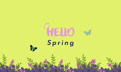 Spring time artwork with flowers garden decoration on green background