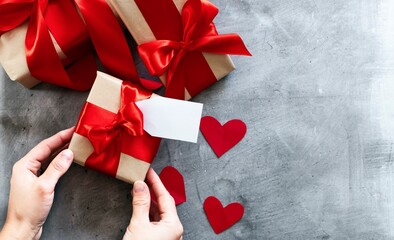 hands holding a present gift boxes with red ribbon. Valentine's day, birthday present, mother's day concept
