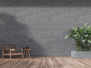 Wooden terrace with empty gray nature stone wall 3d render,decorate with brower leather chair,Leaves on the floor - obrazy, fototapety, plakaty