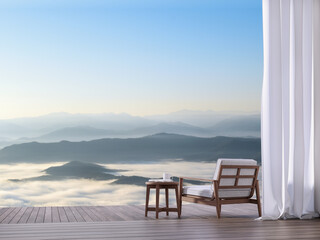 Wooden terrace with sea of fog view 3d render.There has wooden floor.Furnished with wood and fabric furniture.Looking out to mountains view in the morning.
