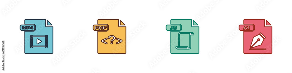 Wall mural set mp4 file document, php, js and ai icon. vector.