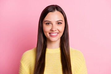 Portrait of young beautiful attractive smiling cheerful good mood girl look camera isolated on pink...
