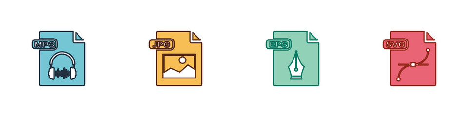Set MP3 file document, JPG, EPS and SVG icon. Vector.