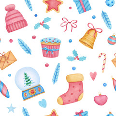 Watercolor Christmas and Happy New Year seamless pattern with Christmas toys and gifts.