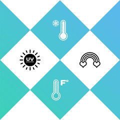 Set UV protection, Meteorology thermometer, and Rainbow with heart icon. Vector.
