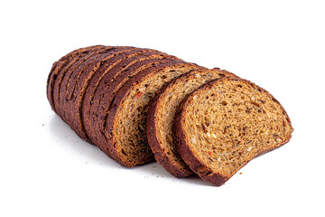 Sliced loaf of rye bread, on a white background