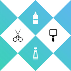 Set Scissors hairdresser, Cream lotion cosmetic tube, Shaving gel foam and Hand mirror icon. Vector.