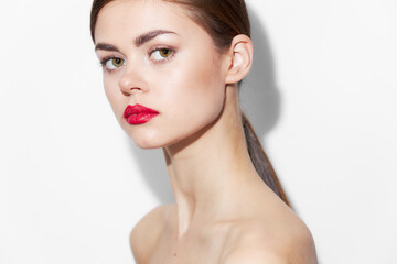 Model Nude shoulders red lips attractive look luxury bright makeup 