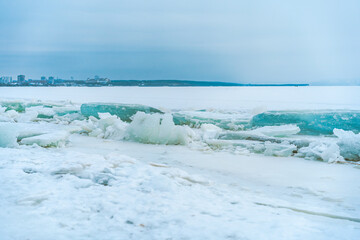 Winter ice landscape on a frozen river