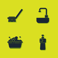 Set Brush for cleaning, Dishwashing liquid bottle, Plastic basin with soap suds and Washbasin water tap icon. Vector.
