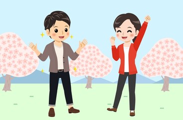 Young men and women in front of Sakura in spring