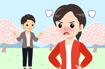 Young men and women in front of Sakura in spring