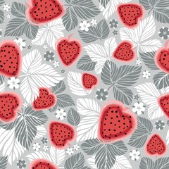 seamless pattern with strawberries and leaves, flowers, vector hearts, hearts for Valentine's Day, seamless pattern for printing on paper, wallpaper and fabric