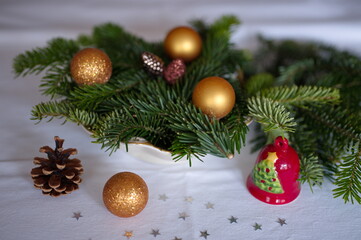 Christmas decoration on white tablecloths