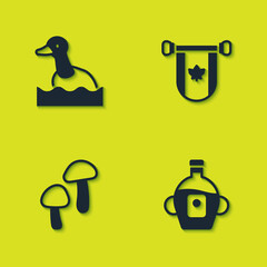 Set Flying duck, Maple syrup, Mushroom and Pennant Canada icon. Vector.