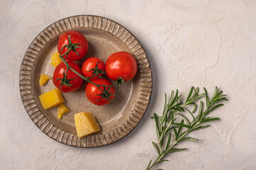 Cherry tomatoes, parmesan cheese on a ceramic plate and rosemary twig on light textured background, top view, copy space