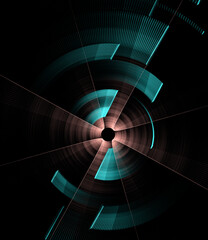 The copper and turquoise segments and straight blades of the abstract engine revolve against a black background. Abstract fractal background. 3d rendering. 3d illustration.