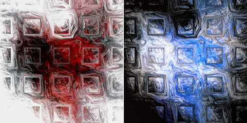 A set of abstract fractal backgrounds with volumetric cells with iridescent red and blue color. Simulation of the flow of liquid material over the surface. 3d rendering. 3d illustration.