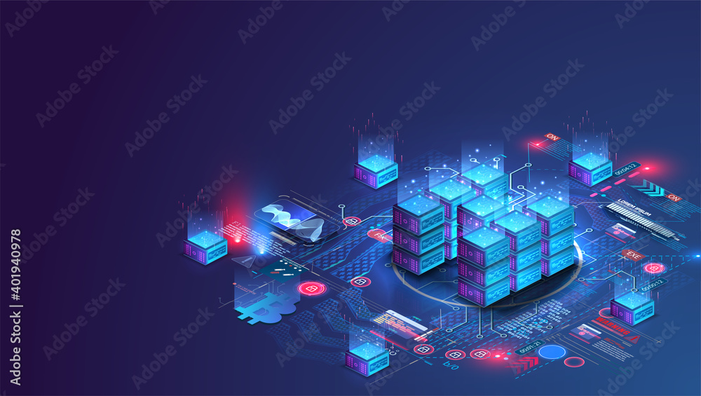 Poster Server room data center. Backup, mining, hosting, mainframe, farm. Hosting server isometric. Network mainframe infrastructure website header layout. Computer storage or farming workstation. Vector